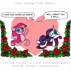 Size: 1602x1596 | Tagged: safe, artist:gingerfoxy, pinkie pie, rarity, earth pony, pony, unicorn, pony couple generator, g4, fainting couch, female, flower, heart, plushie, rose