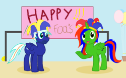 Size: 1088x676 | Tagged: safe, artist:lukington17, derpibooru exclusive, oc, oc only, oc:christian clefnote, oc:electric blue, alicorn, pegasus, pony, alicorn oc, april fools, balloon, british, easter egg, english, facial hair, hat, holiday, jester, sign, silly, silly pony, spanish, tongue out