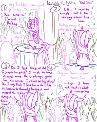 Size: 1280x1611 | Tagged: safe, artist:adorkabletwilightandfriends, spike, twilight sparkle, alicorn, dragon, pony, comic:adorkable twilight and friends, g4, adorkable twilight, back, bed, bedroom, comic, cute, dialogue, family, floppy ears, forest, future, implied oc, implied oc:greg, lineart, love, rain, relationships, sitting, slice of life, thinking, tree, twilight sparkle (alicorn), window