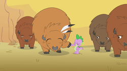Size: 1280x720 | Tagged: safe, screencap, spike, bison, buffalo, dragon, g4, over a barrel, cloven hooves, desert, eyes closed, feather, hoofbump, unnamed buffalo, unnamed character