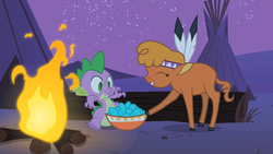 Size: 1280x720 | Tagged: safe, screencap, little strongheart, spike, bison, buffalo, g4, over a barrel, bowl, campfire, cloven hooves, duo, eyes closed, fire, gemstones, night, tent, tipi, turquoise (gemstone)
