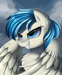 Size: 1446x1764 | Tagged: safe, artist:pridark, oc, oc only, oc:lirae, pegasus, pony, bust, chest fluff, cloud, commission, ear fluff, female, flying, gritted teeth, mare, portrait, solo, spread wings, thunderstorm, wings