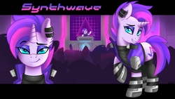 Size: 1920x1080 | Tagged: safe, artist:ciderpunk, oc, oc only, oc:synthwave, pony, unicorn, audience, blue eyes, clothes, concert, disc jockey, female, looking at you, mare, raised hoof, solo, turntable, wallpaper