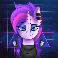 Size: 3800x3800 | Tagged: safe, artist:ciderpunk, oc, oc only, oc:synthwave, pony, unicorn, blue eyes, clothes, cyberpunk, female, high res, looking at you, mare, solo, synthwave