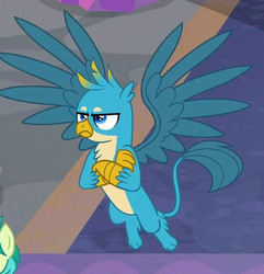 Size: 391x405 | Tagged: safe, screencap, gallus, sandbar, earth pony, griffon, pony, g4, school daze, claws, cropped, crossed arms, cute, flying, gallabetes, gallus is not amused, madorable, majestic, male, paws, solo focus, spread wings, unamused, wings