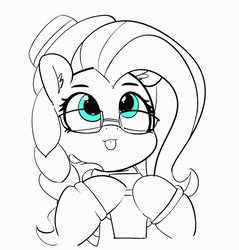 Size: 1280x1341 | Tagged: safe, artist:pabbley, fluttershy, fake it 'til you make it, g4, 30 minute art challenge, clothes, cute, female, hipstershy, mare, monochrome, shyabetes, simple background, sketch, smiling, solo, tongue out, white background