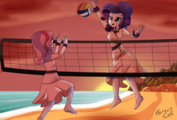 Size: 3700x2500 | Tagged: safe, artist:horsecat, rarity, sweetie belle, equestria girls, g4, barefoot, beach, clothes, dress, feet, female, high res, missing shoes, raristocrat, rose dewitt bukater, sibling love, siblings, sisterly love, sisters, sports, sunset, titanic, volleyball, volleyball net, water