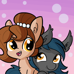 Size: 3300x3300 | Tagged: safe, artist:tjpones, oc, oc only, oc:brownie bun, oc:speck, bat pony, earth pony, pony, abstract background, bat pony oc, bust, chest fluff, commission, duo, ear fluff, female, high res, mare