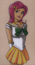 Size: 803x1477 | Tagged: safe, artist:fires-storm, part of a set, fluttershy, human, g4, adorable face, anime, beautiful, clothes, crossover, cute, female, hands behind back, humanized, lipstick, pink lipstick, sailor kindness, sailor moon (series), sailor senshi, shyabetes, solo, traditional art, woman