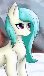 Size: 1188x2064 | Tagged: safe, artist:drarkusss0, oc, oc only, oc:mango foalix, pegasus, pony, bust, chest fluff, commission, ear fluff, female, leg fluff, mare, mist, snow, solo, standing, tree, wingless