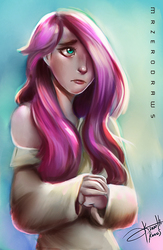Size: 564x866 | Tagged: safe, artist:bunsogen, fluttershy, human, g4, clothes, female, hair over one eye, humanized, sad, signature, solo