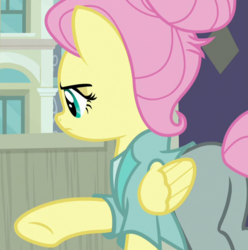 Size: 712x718 | Tagged: safe, screencap, fluttershy, pegasus, pony, fake it 'til you make it, g4, butt, cropped, female, lidded eyes, mare, plot, raised hoof, severeshy, solo