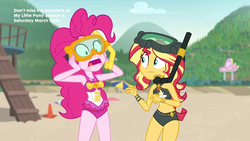 Size: 1280x720 | Tagged: safe, screencap, pinkie pie, sunset shimmer, equestria girls, g4, my little pony equestria girls: better together, unsolved selfie mysteries, beach shorts swimsuit, belly button, bikini, clothes, duo, geode of empathy, geode of sugar bombs, goggles, midriff, snorkel, sunset shimmer's beach shorts swimsuit, swimsuit