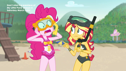 Size: 1280x720 | Tagged: safe, screencap, pinkie pie, sunset shimmer, equestria girls, g4, my little pony equestria girls: better together, unsolved selfie mysteries, beach shorts swimsuit, belly button, bikini, clothes, dive mask, duo, geode of empathy, geode of sugar bombs, goggles, midriff, one-piece swimsuit, pinkie pie swimsuit, snorkel, sunset shimmer's beach shorts swimsuit, swimsuit