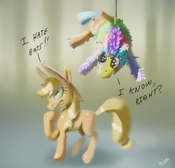 Size: 2458x2356 | Tagged: safe, artist:hecc95, applejack, earth pony, pony, bats!, discordant harmony, g4, cowboy hat, dialogue, female, hat, high res, mare, piñata, pun, stetson, this will end in angry countryisms, this will end in pain and/or angry countryisms