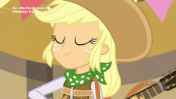 Size: 450x253 | Tagged: safe, screencap, applejack, equestria girls, g4, my little pony equestria girls: better together, animated, cowboy hat, cowgirl, cute, female, guitar, hat, jackabetes, looking at you, one eye closed, singing, stetson, wink