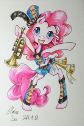 Size: 1330x1977 | Tagged: safe, artist:claire lixi, pinkie pie, g4, bipedal, cute, female, marching band uniform, musical instrument, solo, traditional art, trumpet