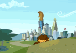 Size: 800x563 | Tagged: safe, edit, screencap, cheese sandwich, earth pony, pony, g4, pinkie pride, animated, city, cityscape, colt, crystaller building, gif, glasses, looking back, male, manehattan, solo, walking, younger