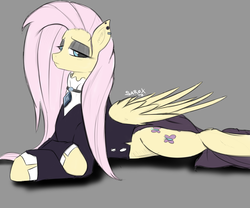 Size: 3000x2500 | Tagged: safe, artist:alesarox, fluttershy, pegasus, pony, fake it 'til you make it, g4, clothes, dress, ear piercing, earring, eyeshadow, female, fluttergoth, gray background, high res, jewelry, makeup, mare, piercing, simple background, solo