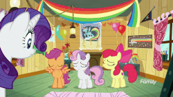 Size: 1000x562 | Tagged: safe, screencap, apple bloom, rainbow dash, rarity, scootaloo, sweetie belle, earth pony, pegasus, pony, unicorn, fake it 'til you make it, g4, animated, balloon, clubhouse, crusaders clubhouse, cutie mark crusaders, female, filly, head shake, poster, treehouse