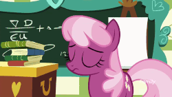 Size: 1000x562 | Tagged: safe, screencap, cheerilee, earth pony, pony, fake it 'til you make it, g4, animated, book, chalkboard, desk, eyes closed, female, head shake, mare, school, solo