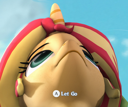 Size: 6414x5400 | Tagged: safe, artist:imafutureguitarhero, sunset shimmer, pony, unicorn, g4, 3d, absurd file size, absurd resolution, alternate hairstyle, clothes, cloud, crossover, elf hat, female, film grain, hat, hood, let go, link, link's hat, low angle, mare, meme, parody, perspective, reference, shadow, signature, sky, solo, source filmmaker, text, the legend of zelda, the legend of zelda: the wind waker