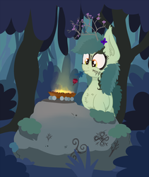 Size: 2697x3192 | Tagged: safe, artist:paskanaakka, oc, oc only, oc:bittergreen, earth pony, pony, chest fluff, ear fluff, female, fire, flower, flower in hair, forest, high res, mare, mouth hold, night, nose wrinkle, ritual, rock, runes, solo, tree