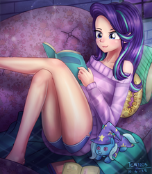 Size: 1400x1600 | Tagged: safe, artist:tcn1205, starlight glimmer, trixie, human, g4, anime style, blanket, book, clothes, crossed legs, cute, female, glimmerbetes, human coloration, humanized, implied lesbian, implied shipping, implied startrix, leg focus, legs, pillow, plushie, reading, sofa bed