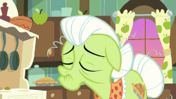 Size: 1000x562 | Tagged: safe, screencap, granny smith, earth pony, pony, fake it 'til you make it, g4, animated, eyes closed, female, head shake, kitchen, mare, solo