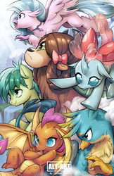 Size: 3300x5100 | Tagged: safe, artist:alts-art, gallus, ocellus, sandbar, silverstream, smolder, yona, changedling, changeling, classical hippogriff, dragon, earth pony, griffon, hippogriff, pony, yak, g4, school daze, badass, best friends, bow, dragoness, female, flying, grass, hair bow, jewelry, male, mountain, necklace, open mouth, simple background, smiling, stallion, student six, teenager, water, waterfall, white background, wings