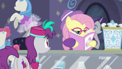 Size: 900x506 | Tagged: safe, screencap, fluttershy, rarity, silver berry, earth pony, pegasus, pony, fake it 'til you make it, g4, animated, background pony, butt, cash register, counter, display case, duo, female, hipstershy, mannequin, mare, plot