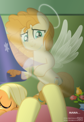 Size: 4970x7183 | Tagged: safe, artist:jhayarr23, apple bloom, applejack, pear butter, angel, pony, g4, absurd resolution, crying, curtains, feels, female, filly, flower, halo, mare, offscreen character, pov, right in the feels, sad