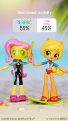 Size: 1080x1920 | Tagged: safe, applejack, fluttershy, blue crushed, equestria girls, g4, my little pony equestria girls: better together, official, clothes, doll, duo, equestria girls minis, female, instagram, irl, midriff, photo, poll, surfboard, swimsuit, toy