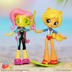 Size: 1080x1080 | Tagged: safe, applejack, fluttershy, blue crushed, equestria girls, g4, my little pony equestria girls: better together, official, clothes, doll, duo, equestria girls minis, female, irl, photo, surfboard, swimsuit, toy