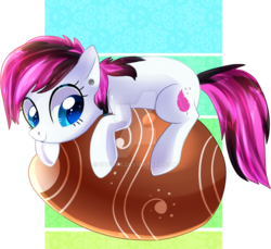 Size: 1024x936 | Tagged: safe, artist:sugguk, oc, oc only, earth pony, pony, colored pupils, ear piercing, easter egg, egg, female, looking down, mare, multicolored hair, multicolored mane, multicolored tail, piercing, prone, solo, starry eyes, watermark, wingding eyes, ych result