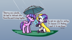 Size: 1920x1080 | Tagged: safe, artist:lilfunkman, rarity, twilight sparkle, alicorn, pony, unicorn, g4, boots, clothes, cute, female, glowing horn, gradient background, grass, horn, lesbian, looking at each other, magic, mare, quote, rain, rain boots, raincoat, raised hoof, ship:rarilight, shipping, shoes, sitting, telekinesis, twilight sparkle (alicorn), umbrella