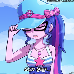 Size: 750x750 | Tagged: safe, artist:lumineko, sci-twi, twilight sparkle, equestria girls, g4, my little pony equestria girls: better together, clothes, cloud, dialogue, eyes closed, female, geode of telekinesis, glasses, hat, jewelry, jojo's bizarre adventure, jotaro kujo, necklace, open mouth, sky, solo, stars, yare yare daze