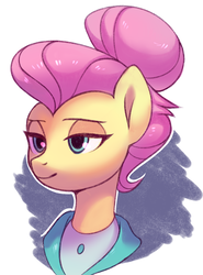 Size: 1073x1453 | Tagged: safe, artist:lispp, fluttershy, pony, fake it 'til you make it, g4, alternate hairstyle, bust, clothes, female, mare, portrait, severeshy, smiling, solo