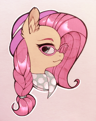 Size: 960x1215 | Tagged: safe, artist:lispp, fluttershy, pegasus, pony, fake it 'til you make it, alternate hairstyle, bust, ear fluff, female, glasses, hipstershy, mare, marker drawing, portrait, simple background, solo, traditional art, white background