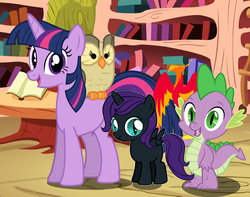 Size: 1845x1455 | Tagged: safe, artist:sersys, artist:unfiltered-n, edit, owlowiscious, peewee, spike, twilight sparkle, oc, oc:nyx, alicorn, pony, g4, 4chan, drawthread, family photo, golden oaks library, requested art, vector