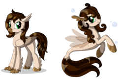 Size: 2230x1440 | Tagged: safe, artist:sirzi, oc, oc only, oc:hvost, classical hippogriff, hippogriff, seapony (g4), beak, brown mane, bubble, claws, clothes, feathered fetlocks, female, fin wings, fins, fish tail, flowing tail, folded wings, green eyes, hippogriff oc, looking at you, mare, see-through, simple background, smiling, solo, swimming, tail, transparent background, underwater, water, wings