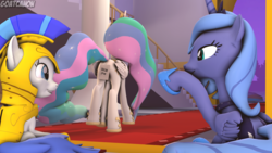 Size: 3840x2160 | Tagged: safe, artist:goatcanon, princess celestia, princess luna, oc, oc:general strawcream, g4, 3d, canterlot, canterlot castle, female, guardsmare, high res, kick me, mare, prank, royal guard, s1 luna, this will end in tears and/or a journey to the moon