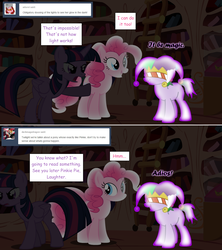 Size: 1280x1444 | Tagged: safe, artist:hakunohamikage, pinkie pie, twilight sparkle, oc, oc:laughter, alicorn, pony, ask-princesssparkle, g4, ask, glow in the dark, golden oaks library, hat, jester hat, tumblr, twilight sparkle (alicorn)