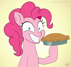 Size: 1000x950 | Tagged: safe, artist:alexcooler, pinkie pie, earth pony, pony, g4, female, food, grin, movie accurate, pie, shrunken pupils, smiling, solo