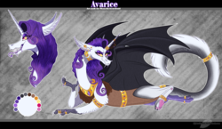 Size: 1815x1051 | Tagged: safe, artist:bijutsuyoukai, oc, oc only, oc:avarice, draconequus, female, interspecies offspring, jewelry, offspring, parent:discord, parent:rarity, parents:raricord, reference sheet, solo