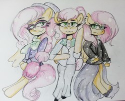 Size: 2918x2367 | Tagged: safe, artist:bubblemelody, fluttershy, anthro, fake it 'til you make it, g4, fluttergoth, high res, hipstershy, self paradox, severeshy, traditional art