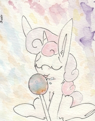 Size: 692x880 | Tagged: safe, artist:slightlyshade, sweetie belle, pony, unicorn, g4, candy, cute, diasweetes, eyes closed, female, filly, food, licking, lollipop, sitting, solo, tongue out, traditional art