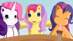 Size: 1024x576 | Tagged: safe, artist:suika999, apple spice, scootaloo (g3), sweetie belle (g3), earth pony, pony, unicorn, g3, g4, one bad apple, babs seed song, cute, cutie mark crusaders, drinking, eyes closed, female, g3 cutealoo, g3 diasweetes, mare, milkshake ponies, singing, spiceabetes, table, trio