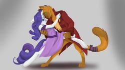 Size: 1280x720 | Tagged: safe, artist:lilapudelpony, capper dapperpaws, rarity, abyssinian, anthro, g4, my little pony: the movie, capperity, chest fluff, clothes, dancing, dress, female, gradient background, male, shipping, straight
