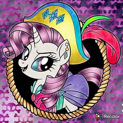 Size: 1024x1024 | Tagged: safe, artist:arguszn, color edit, edit, rarity, pony, g4, my little pony: the movie, clothes, colored, ear piercing, earring, female, hat, jewelry, lidded eyes, mare, open mouth, piercing, pirate, pirate hat, pirate rarity, raised eyebrow, recolor (app), solo